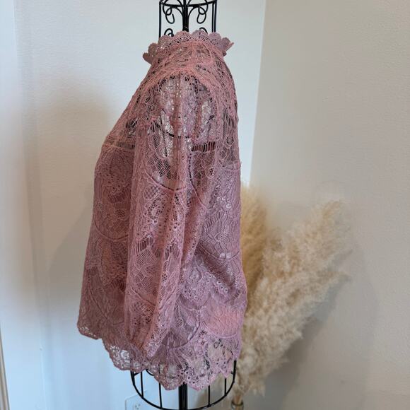 BB Dakota Mock Neck Pink Lace Sheer Romantic Blouse XS - Picture 2 of 7